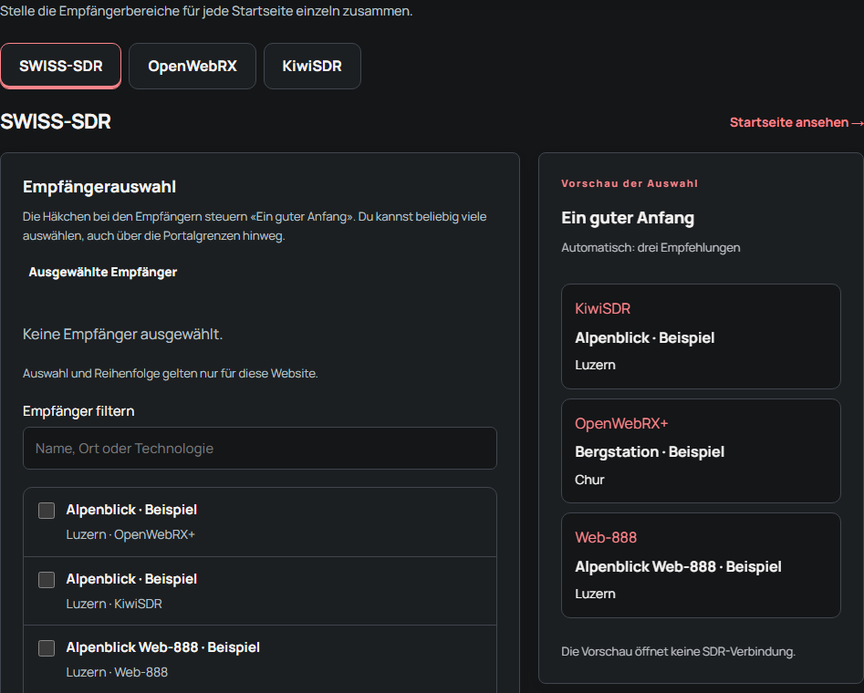 Empfänger für die Startseiten auswählen