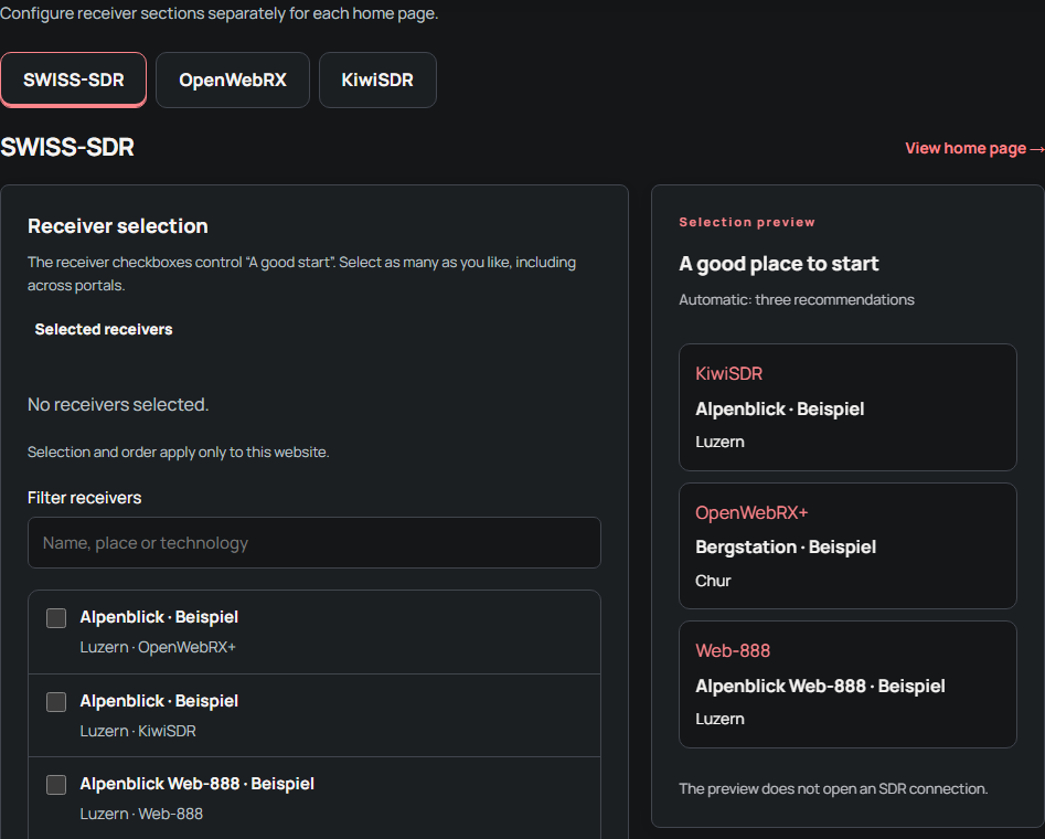 Choose receivers for the homepages
