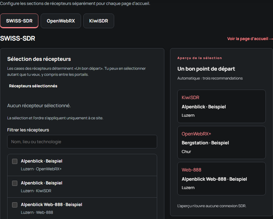 Choisir les récepteurs des pages d’accueil
