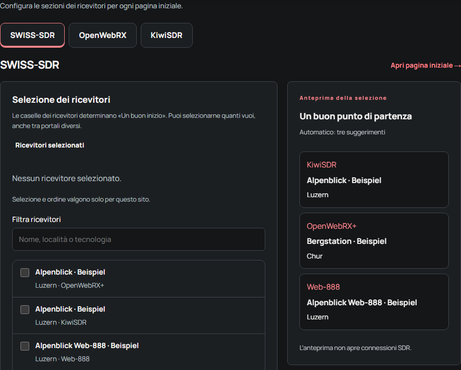 Scegliere i ricevitori per le pagine iniziali
